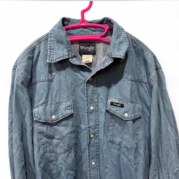 Vintage Wrangler Cowboy Cut Denim Western Pearl Snap Button Cotton Shirt Large - Picture 2 of 8